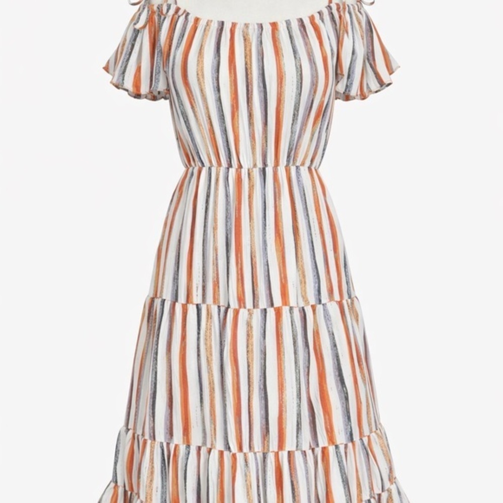 Cotton Bleu Striped Tiered Midi Dress · Ruffle Sleeves · Women’s Medium